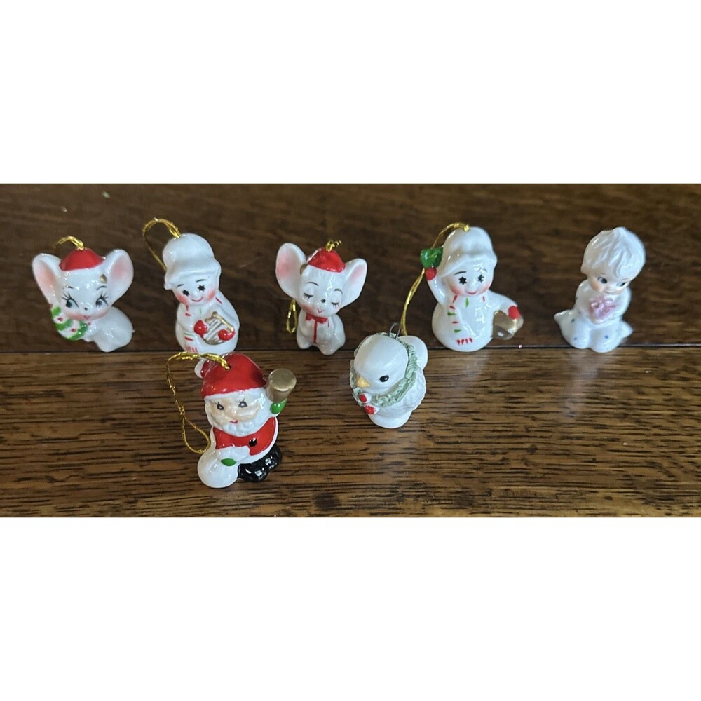 Vtg Spaghetti Trim Napco Flambro Miniature Lot 7 Snowman Bird Santa Ornaments